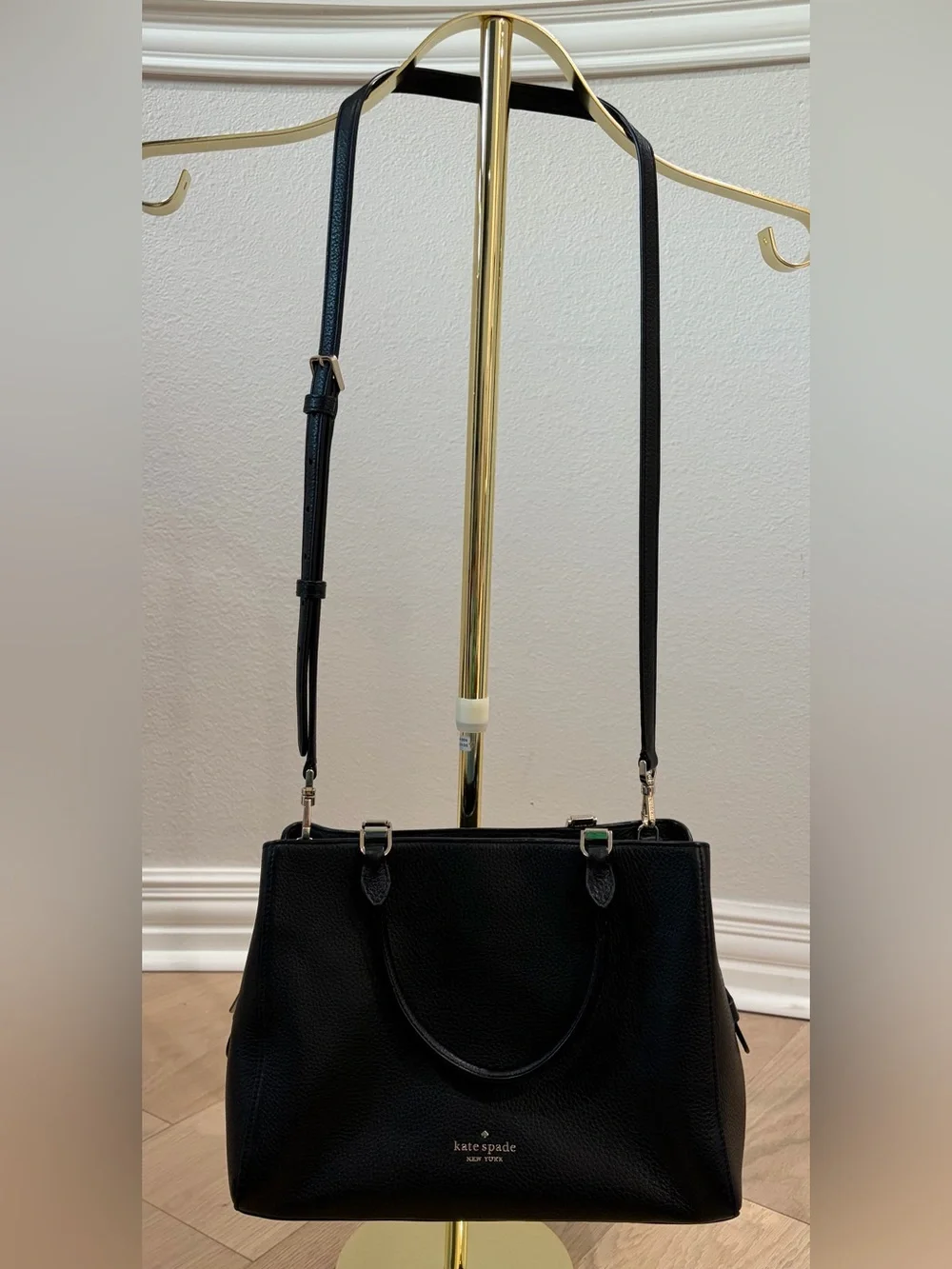 kate spade New York Black Leather pebbled Tote bag with cross body strap